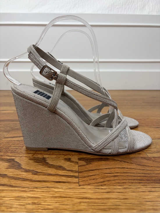 White House Black Market Shoes - WHBM Silver Metallic Skarkly Woven Strap Wedge Sandals (8)
